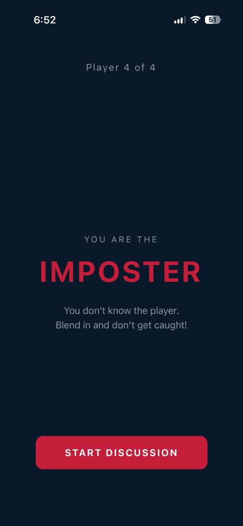 Sports Imposter - A game screen in the Sports Imposter app announcing the player is the imposter with a red start discussion button