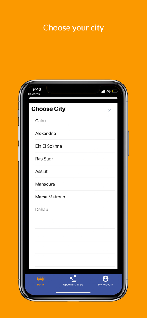 Interfaz de la aplicación móvil GoMini que muestra una lista de ciudades egipcias para elegir, incluidas El Cairo y Alejandría