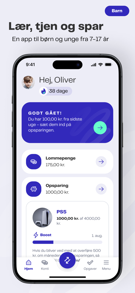 Young Money - Young Money mobile app dashboard for kids showing pocket money balance and a savings goal for a PS5