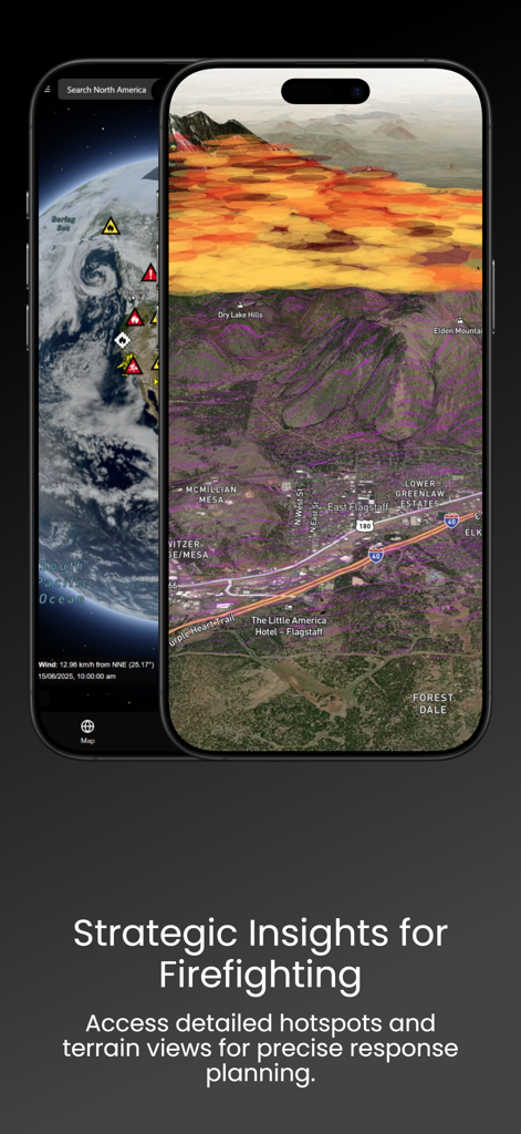 Bushfire.io: Natural Disasters - Bushfire.io mobile app displaying high resolution terrain views and wildfire hotspots for strategic response planning