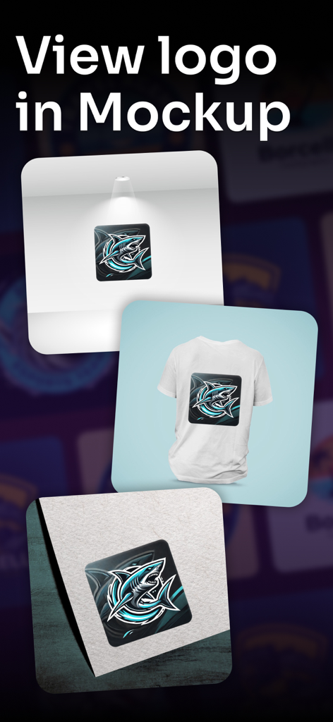 AI Logo Design Brand Maker Art - Exemplos de um logo de tubarão exibido em uma camiseta, uma placa de parede e um mockup de cartão profissional.