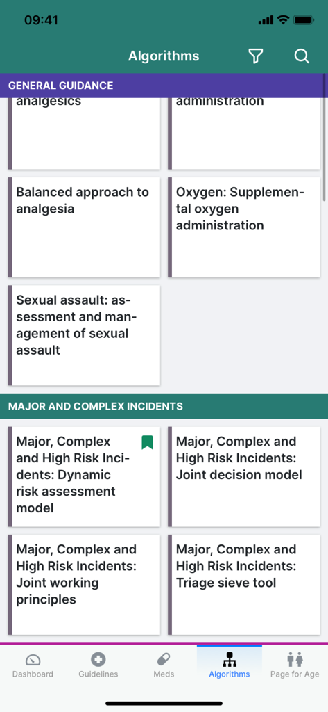 Interface of the iCPG JRCALC app displaying categories of medical algorithms for emergency protocols