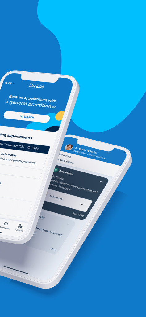 Doctolib - Your health partner - The Doctolib app interface displaying doctor search and secure patient messaging features.
