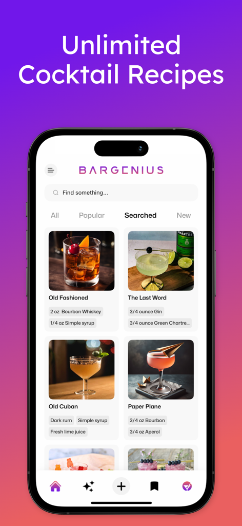 BarGenius - Cocktail App - La aplicación móvil BarGenius mostrando una cuadrícula de recetas de cócteles con imágenes e ingredientes como Old Fashioned y Paper Plane