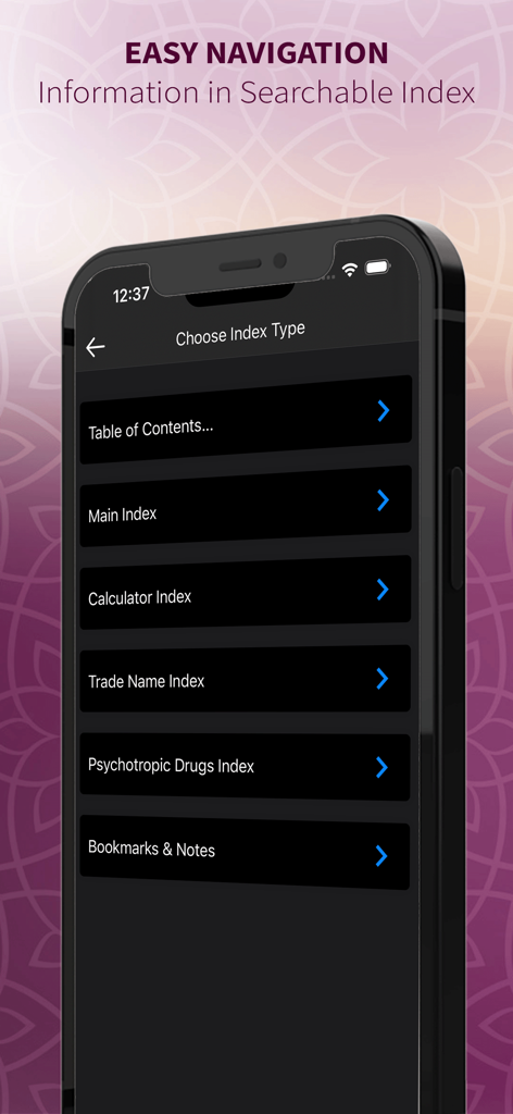 PsychNotes: Clinical Pkt Guide - Smartphone screen displaying the PsychNotes app index menu with options for searchable clinical data including psychotropic drugs and calculators