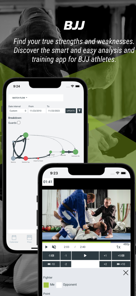 Athlete Analyzer app interface showing BJJ match flow diagram and video performance analysis