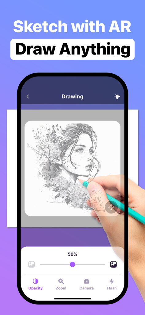 AR Drawing: Simply Draw Sketch - Interfaz de la app AR Drawing mostrando a una persona calca un retrato usando realidad aumentada.