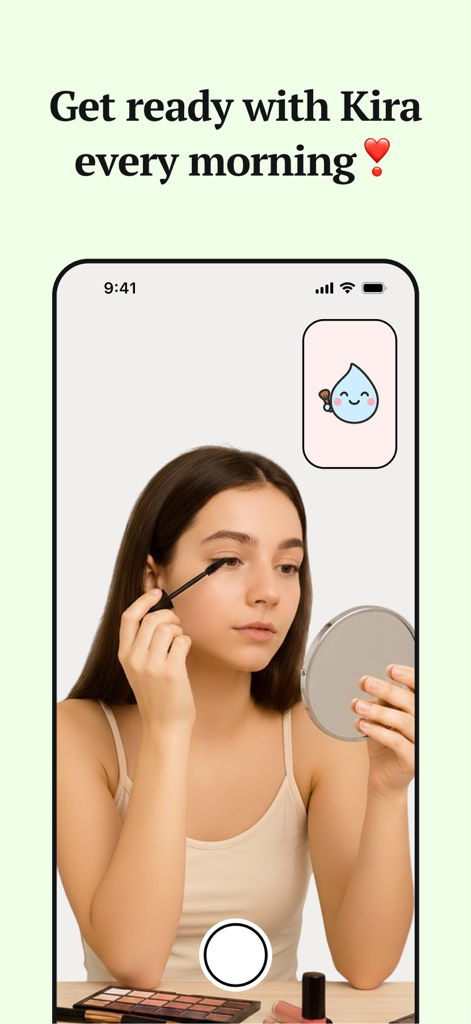 Kina: AI Glow-Up Friend - Mujer usando la app de belleza IA Kina para consejos de maquillaje en tiempo real durante su rutina matutina