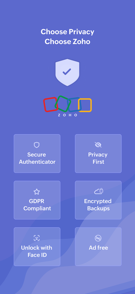 Authenticator App - OneAuth - OneAuth by Zoho app screen showing security features like secure authenticator, privacy first, GDPR compliance, encrypted backups, Face ID unlock, and ad-free experience