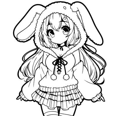 pretty anime girl wearing a fluffy hoodie with bunny ears on the hood and a skirt
