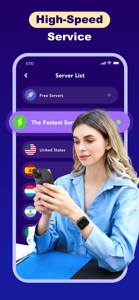 Linkup Speed VPN 앱 인터페이스, 고속 서버 목록과 스마트폰을 사용하는 여성 표시
