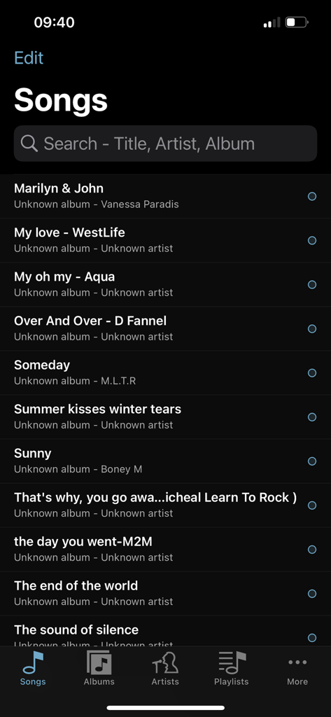 FLAC Player+ - Songs library screen in the FLAC Player plus app on iPhone