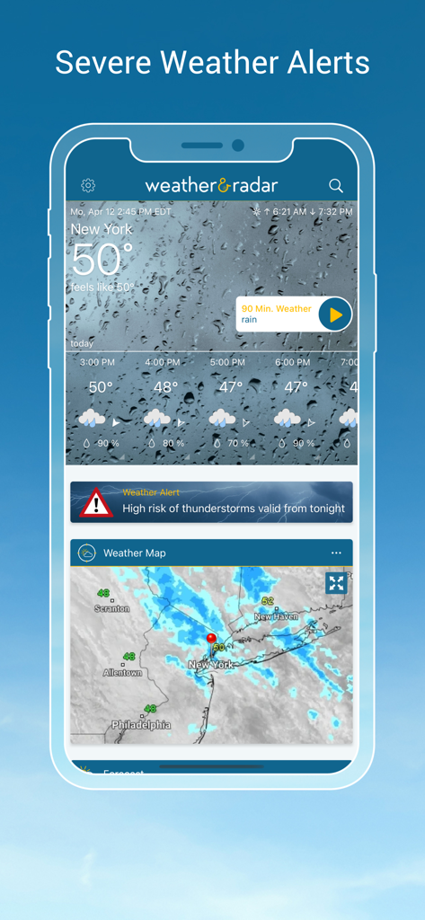 Écran de smartphone affichant une application météo avec une alerte orage et une carte radar des précipitations pour New York