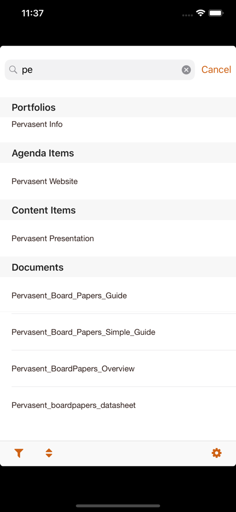 Search screen of the Board Papers app showing document results