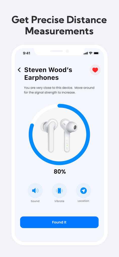 Interface of the Device Tracker app showing a circular distance meter at 80 percent for locating lost wireless earphones.