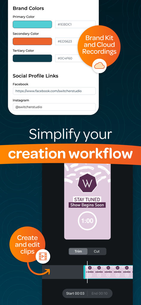 Switcher: Live Streaming App - モバイルビデオクリップ編集ツールと並んで、色とソーシャルリンクのブランドキットカスタマイズを表示するSwitcher Studioアプリインターフェース