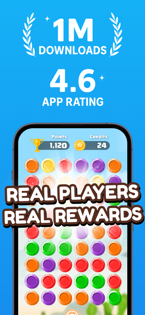 Smartphone displaying Coinnect match 3 gameplay with 1M downloads 4.6 star rating and real player rewards