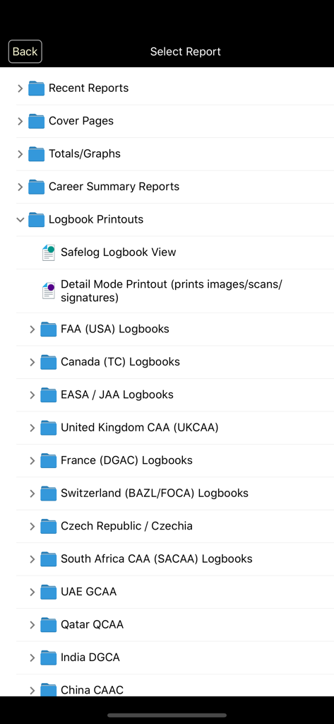 Safelog Pilot Logbook - Safelog Pilot Logbook app report selection screen with international printout options for FAA EASA and UKCAA