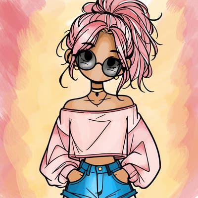 girl with a messy ponytail glasses a baggy crop top and jean shorts