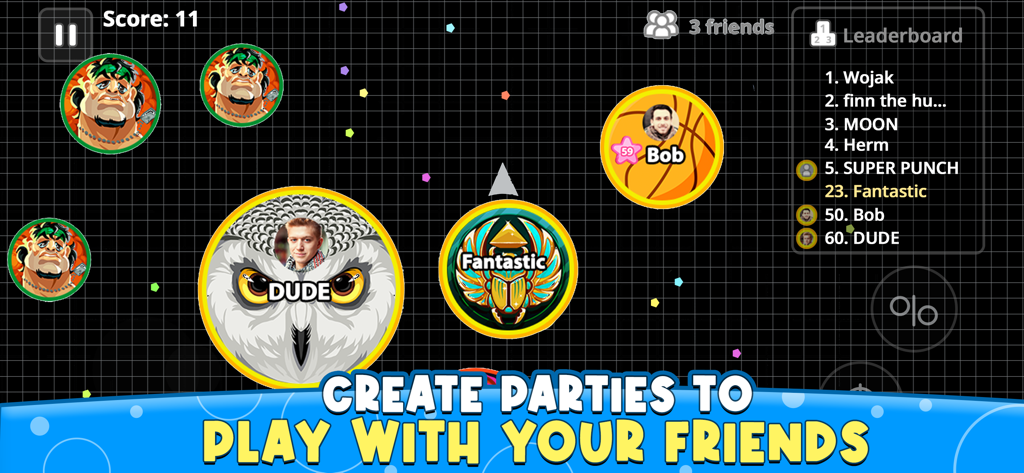 Agar.ioのゲームプレイ、様々なキャラクターのスキンと友達とプレイするためのリーダーボードが表示されている。