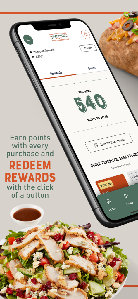 McAlisters Deli mobile app rewards screen showing points balance and loyalty program