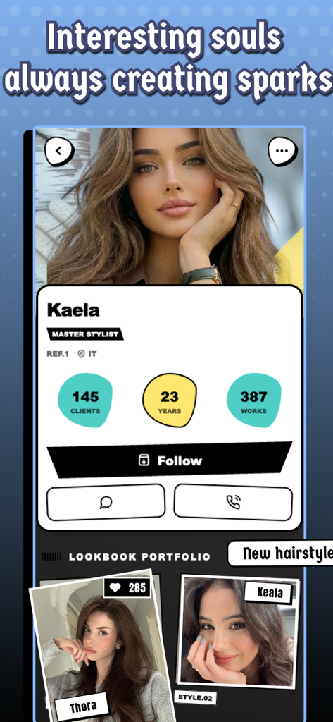 Mirth - Chat & Beauty - Profile page of a master stylist in the Mirth app showing their hairstyle portfolio and professional stats