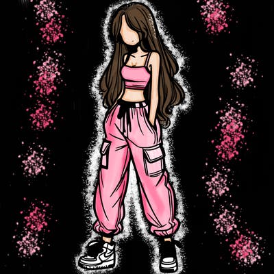 girl in baggy pants crop top and long hair