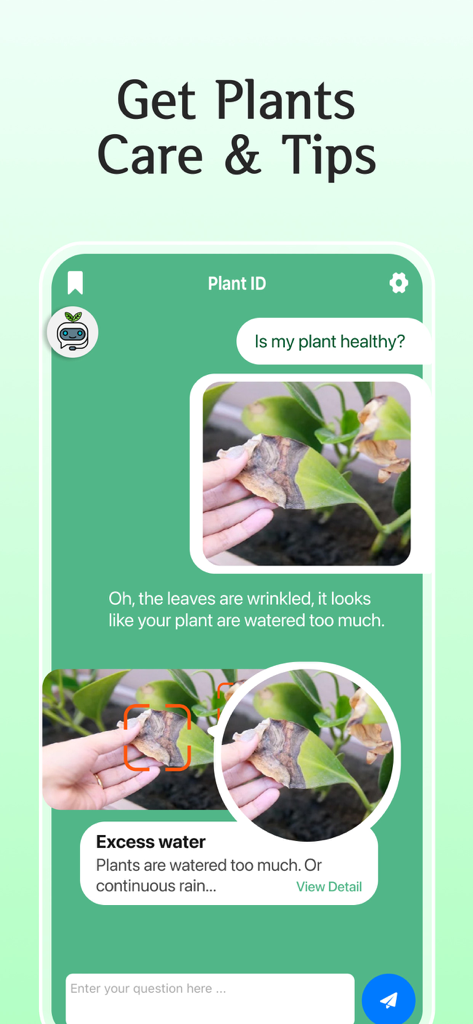 Interface do aplicativo AI Plant Care mostrando um chat com um chatbot diagnosticando uma folha de planta doente com problemas de excesso de água