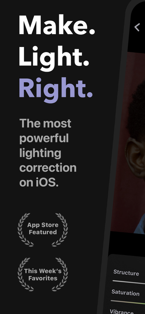 Brightly app promotional screen showcasing lighting correction features and App Store accolades.