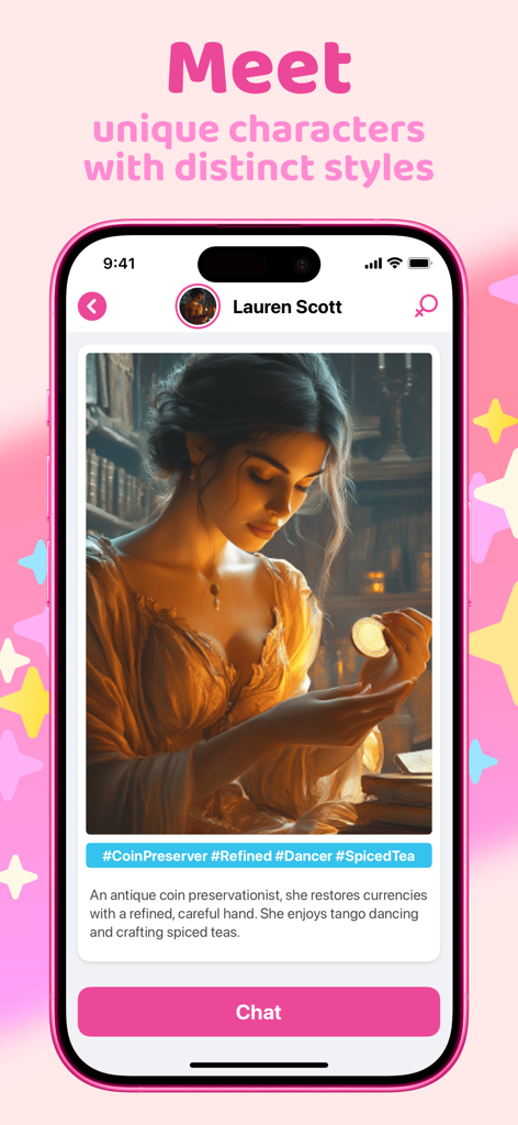 Slorp - Fast Talk & Chat - Mobile App-Oberfläche, die ein KI-Charakterprofil mit einem Porträt-Bio und einer Chat-Schaltfläche anzeigt.