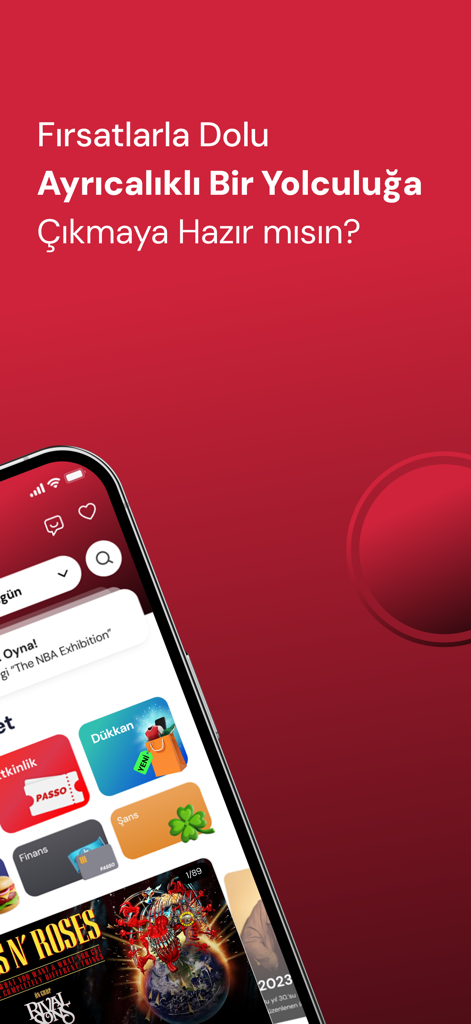 Passo - Passo App-Oberfläche auf einem Smartphone-Bildschirm mit Symbolen für Events, Shopping, Finanzen und Gewinnspiele