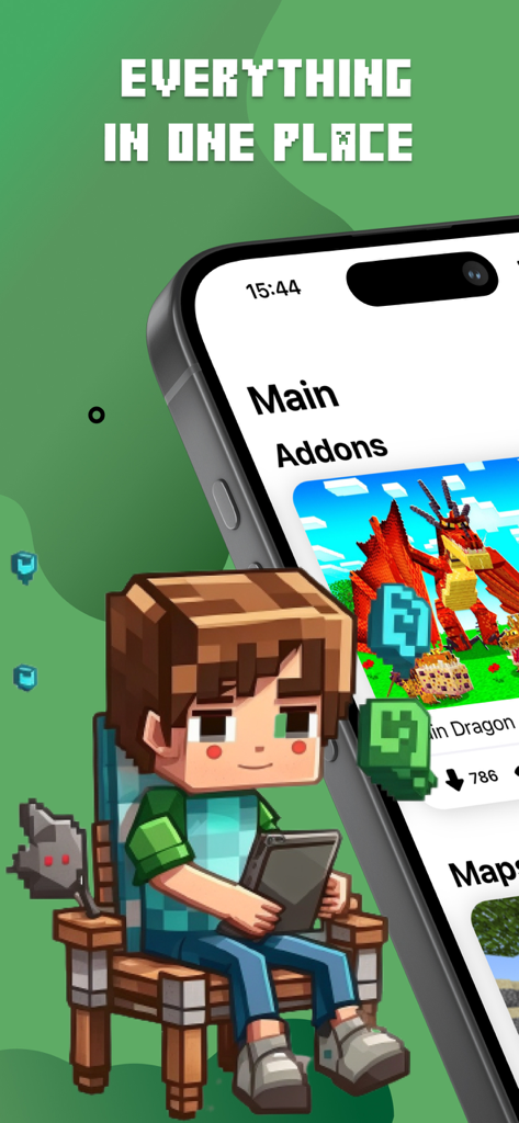 Mods, Maps Skins for Minecraft - A smartphone screen displaying Minecraft mods and addons with a blocky character sitting in a chair