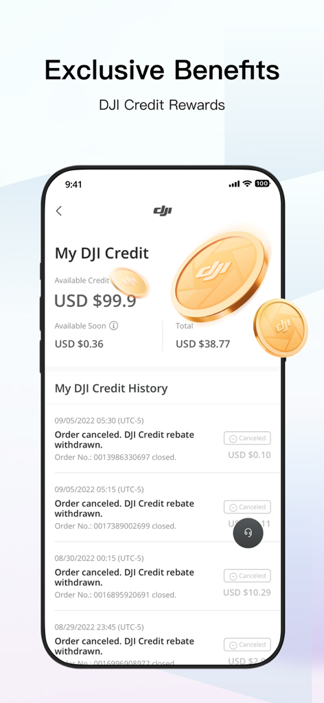 DJI Store – Try Virtual Flight - ユーザーのクレジット残高と報酬プログラムを示すDJIストアのモバイルアプリインターフェース