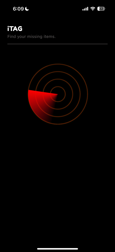 iTag - iTag app interface showing a red circular radar used to find and track missing items