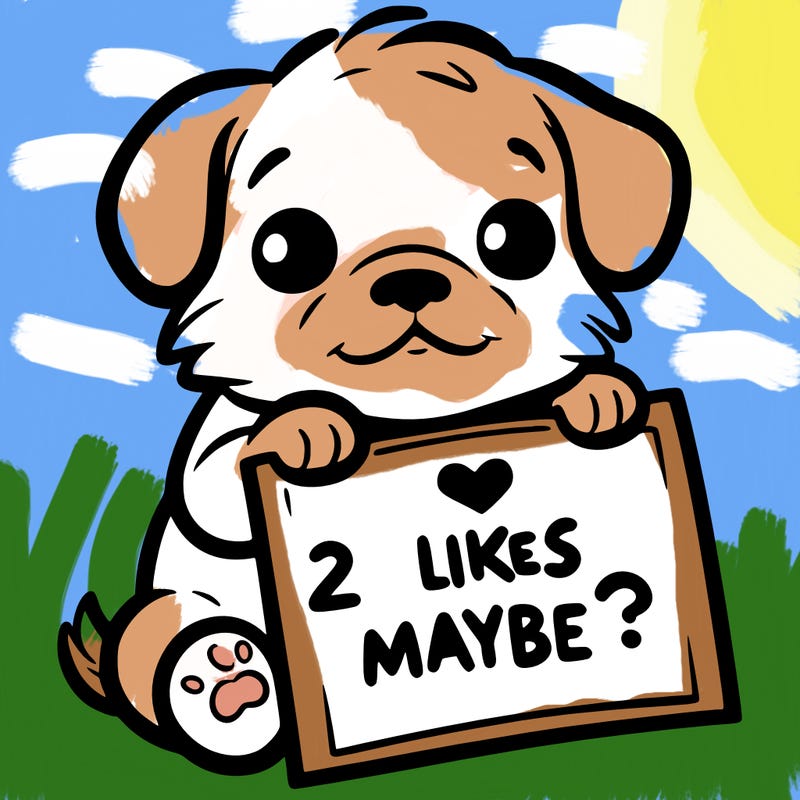 a puppy holding a sign that says 2 likes maybe?