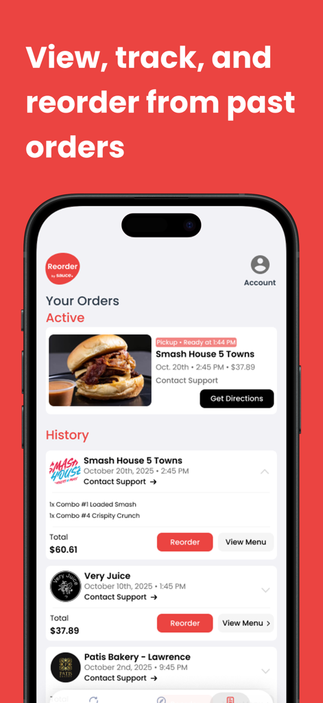 Sauce Reorder - Sauce Reorder app screen showing active and past food orders with easy reordering options