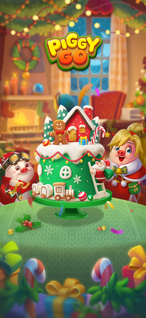 Piggy GO game characters celebrating with a festive Christmas cake and holiday decorations