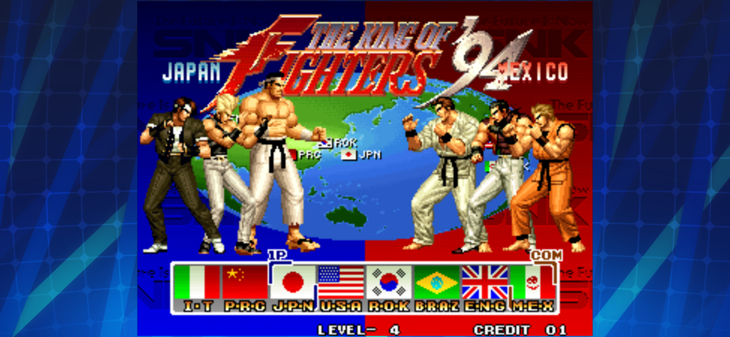 KOF '94 ACA NEOGEO - Team selection screen from KOF 94 showing characters from Japan and Mexico teams