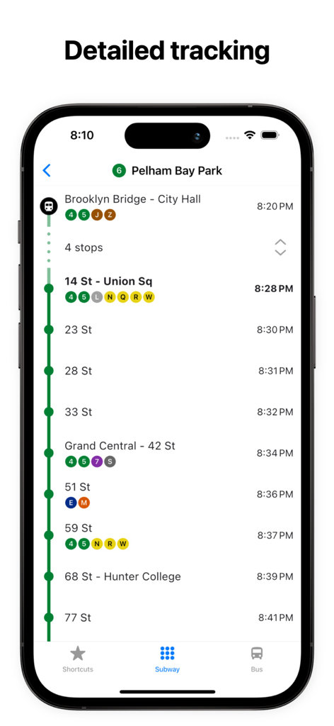 Subway Time NYC - Detailed tracking screen of the Subway Time NYC app showing arrival times for the 6 train