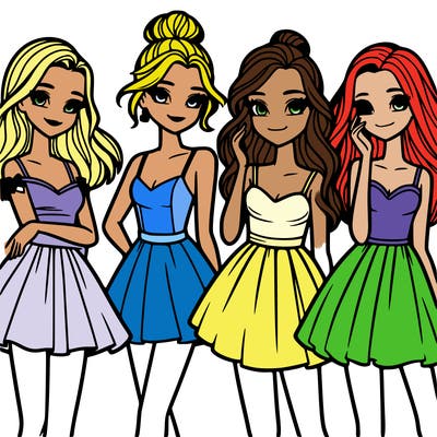 four beautiful teen girls in dresses