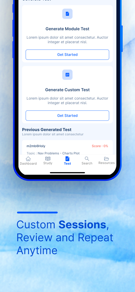 Sea Trials - USCG License Exam - Sea Trials app screen showing options to generate module and custom tests for USCG license preparation