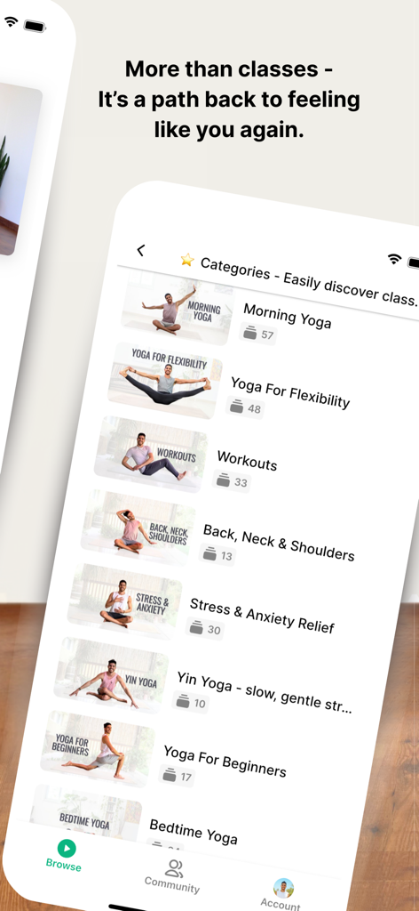 Ashram by Idan app interface showing yoga and wellness class categories like Morning Yoga and Stress Relief.