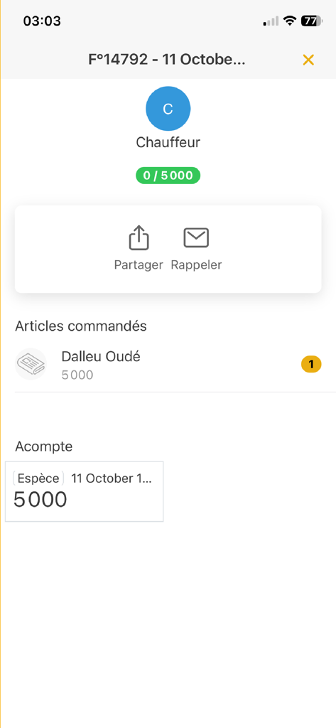 Jant Bi - Jant Bi app screen displaying order details for a chauffeur including items and deposit.