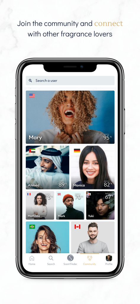 Sniff. - Sniff app community screen showing diverse user profiles and fragrance match percentages.