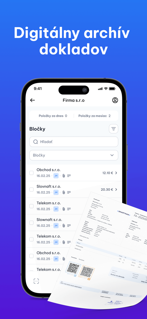 Doklado - Faktúry a bločky - Doklado-Mobile-App-Oberfläche, die ein digitales Archiv von Geschäftseingangsrechnungen und Rechnungen anzeigt