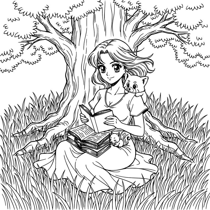 anime woman reading books in the field under a tree