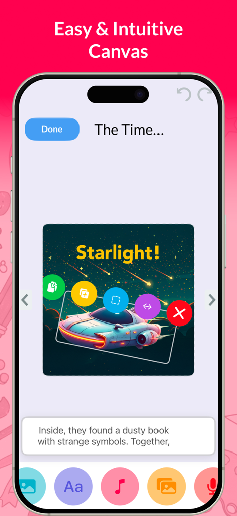 My Story Kids' Storybook Maker - A mobile app interface displaying a storybook creation canvas with a spaceship illustration and text editing tools