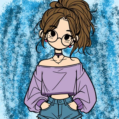 girl with a messy ponytail glasses a baggy crop top and jean shorts