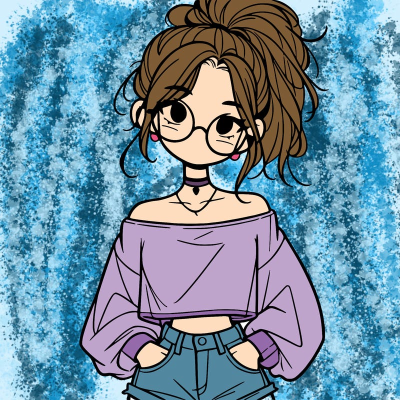 girl with a messy ponytail glasses a baggy crop top and jean shorts