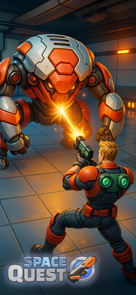 Space Quest: Alien Invasion - Un eroe in armatura arancione spara con una pistola laser a un enorme boss alieno robotico in un corridoio futuristico.